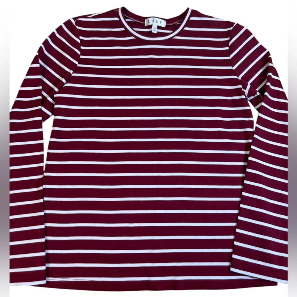 LAKE Luxury Loungewear Pima Cotton Striped Long Sleeve Tee XS Burgundy Soft‎